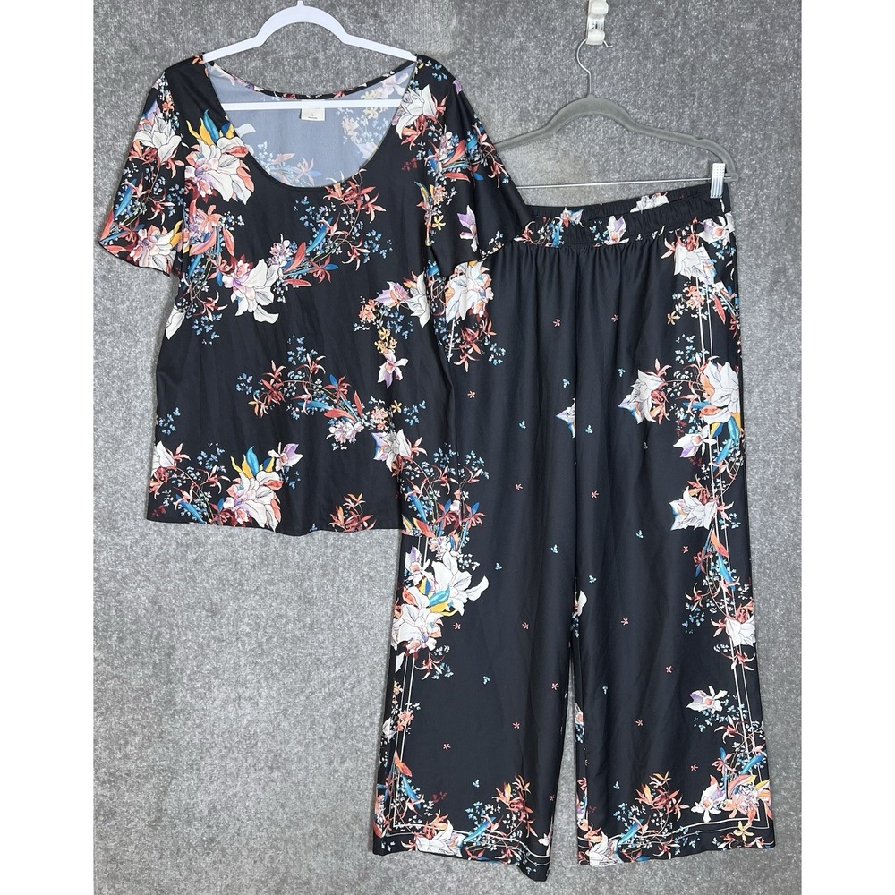 Soma Lounge Pajama Set Wide Leg Pants Top Womens Sz Large Black Floral Pockets